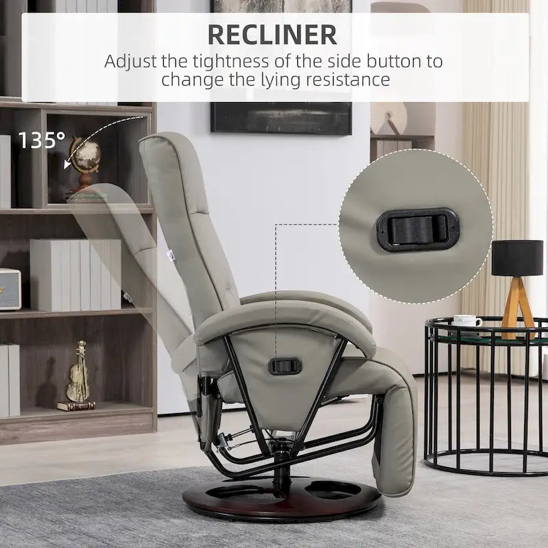 Sillón reclinable giratorio de PU negro/blanco crema/gris con reposapiés, sillón de una plaza, respaldo ajustable 135°