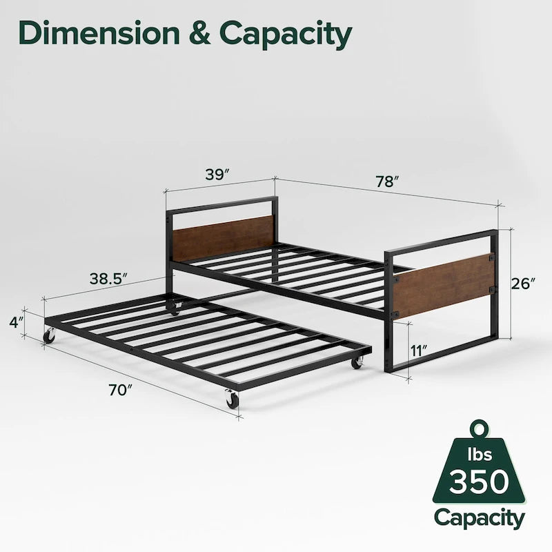 Cama de día de bambú marrón y metal con nido, individual, 2 personas