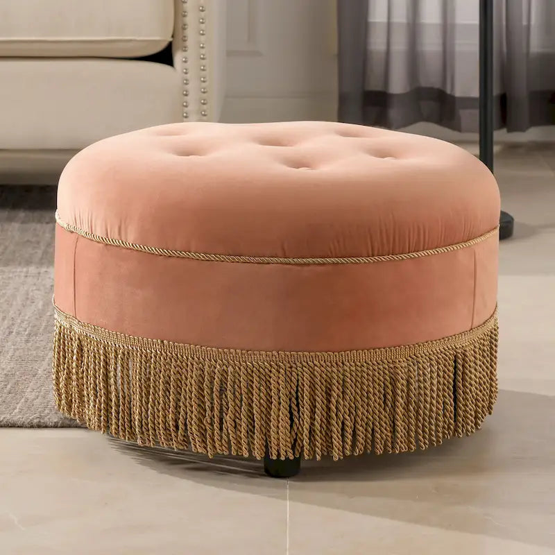 Peach Orange / Gold Yellow Velvet Round Accent Ottoman, Single Seat, Tufted with Tassel Fringe