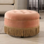 Peach Orange / Gold Yellow Velvet Round Accent Ottoman, Single Seat, Tufted with Tassel Fringe