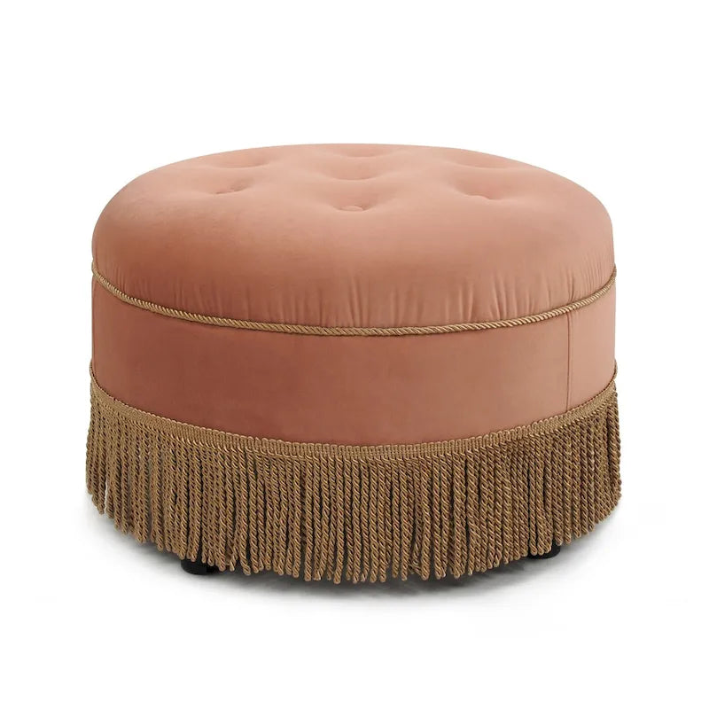 Peach Orange / Gold Yellow Velvet Round Accent Ottoman, Single Seat, Tufted with Tassel Fringe
