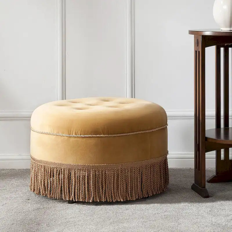 Peach Orange / Gold Yellow Velvet Round Accent Ottoman, Single Seat, Tufted with Tassel Fringe