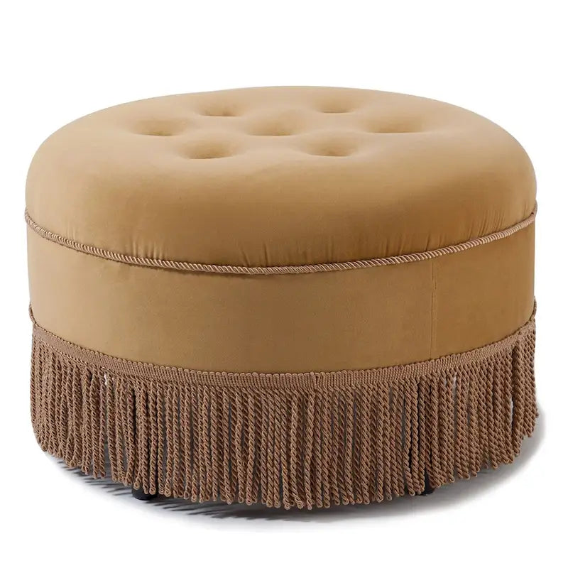 Peach Orange / Gold Yellow Velvet Round Accent Ottoman, Single Seat, Tufted with Tassel Fringe