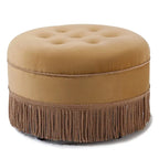 Peach Orange / Gold Yellow Velvet Round Accent Ottoman, Single Seat, Tufted with Tassel Fringe