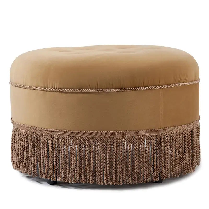 Peach Orange / Gold Yellow Velvet Round Accent Ottoman, Single Seat, Tufted with Tassel Fringe