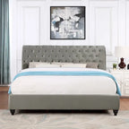 Cama trineo de terciopelo gris, capitoné con botones, ribete de tachuelas – Queen/King