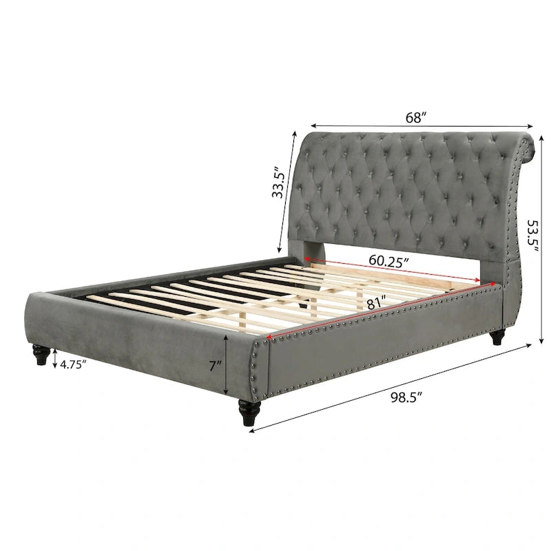 Cama trineo de terciopelo gris, capitoné con botones, ribete de tachuelas – Queen/King