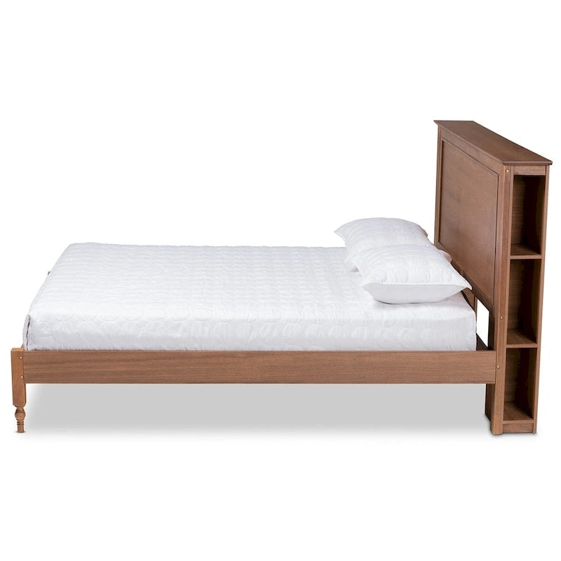 Cama con plataforma de almacenamiento color Nogal Ceniza con estantes – Matrimonial/Queen/King, 1-2 personas