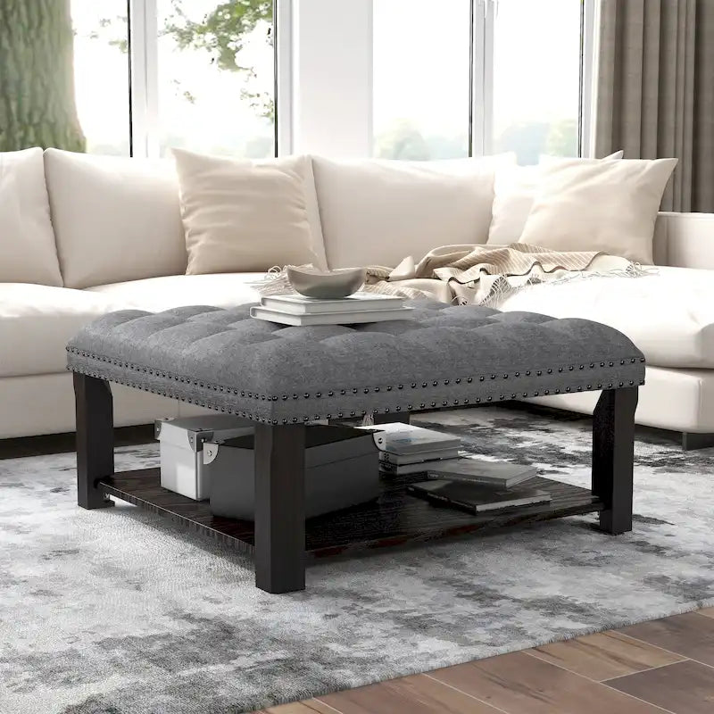 Grey/Beige Linen Tufted Nailhead Storage Ottoman, 1-Seat