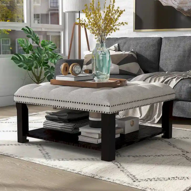 Grey/Beige Linen Tufted Nailhead Storage Ottoman, 1-Seat