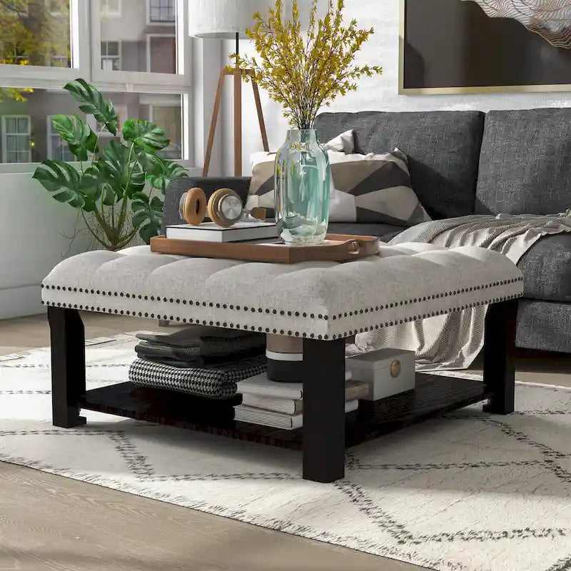 Grey/Beige Linen Tufted Nailhead Storage Ottoman, 1-Seat