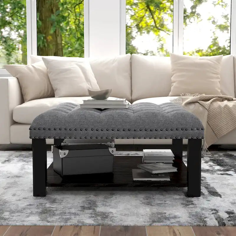 Grey/Beige Linen Tufted Nailhead Storage Ottoman, 1-Seat