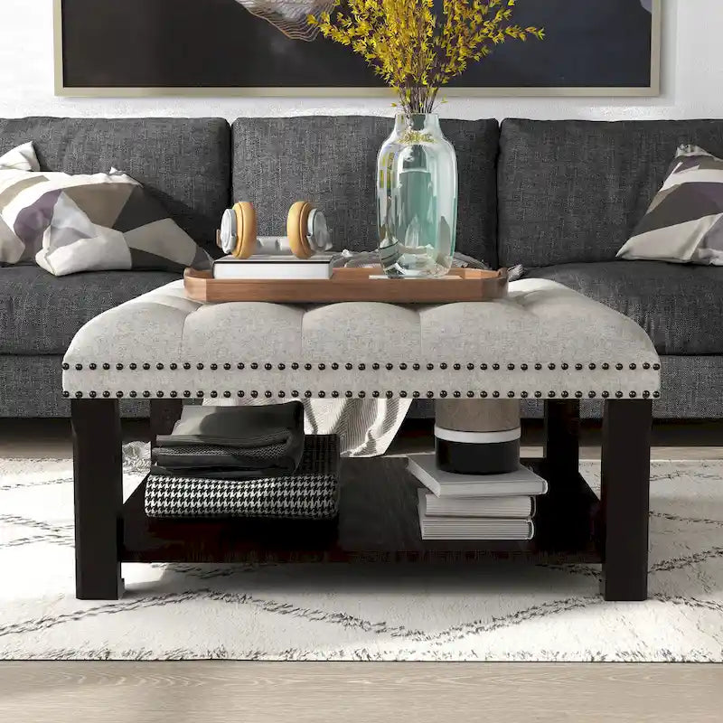 Grey/Beige Linen Tufted Nailhead Storage Ottoman, 1-Seat