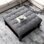 Puf de Almacenamiento Tapizado con Tachuelas de Lino Gris/Beige, 1 Asiento