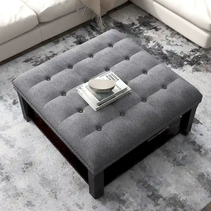 Grey/Beige Linen Tufted Nailhead Storage Ottoman, 1-Seat