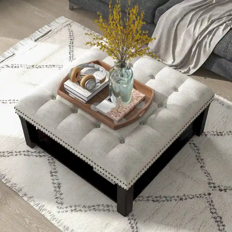 Puf de Almacenamiento Tapizado con Tachuelas de Lino Gris/Beige, 1 Asiento