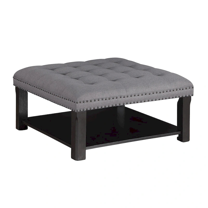 Puf de Almacenamiento Tapizado con Tachuelas de Lino Gris/Beige, 1 Asiento