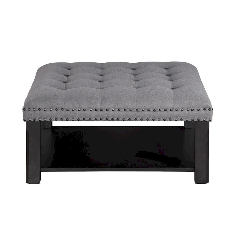 Puf de Almacenamiento Tapizado con Tachuelas de Lino Gris/Beige, 1 Asiento