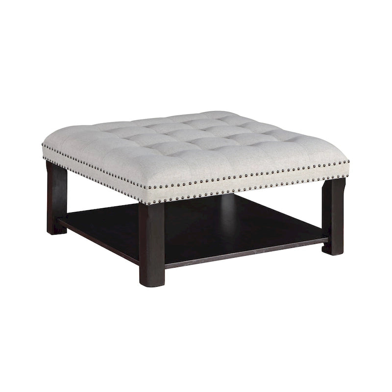 Puf de Almacenamiento Tapizado con Tachuelas de Lino Gris/Beige, 1 Asiento
