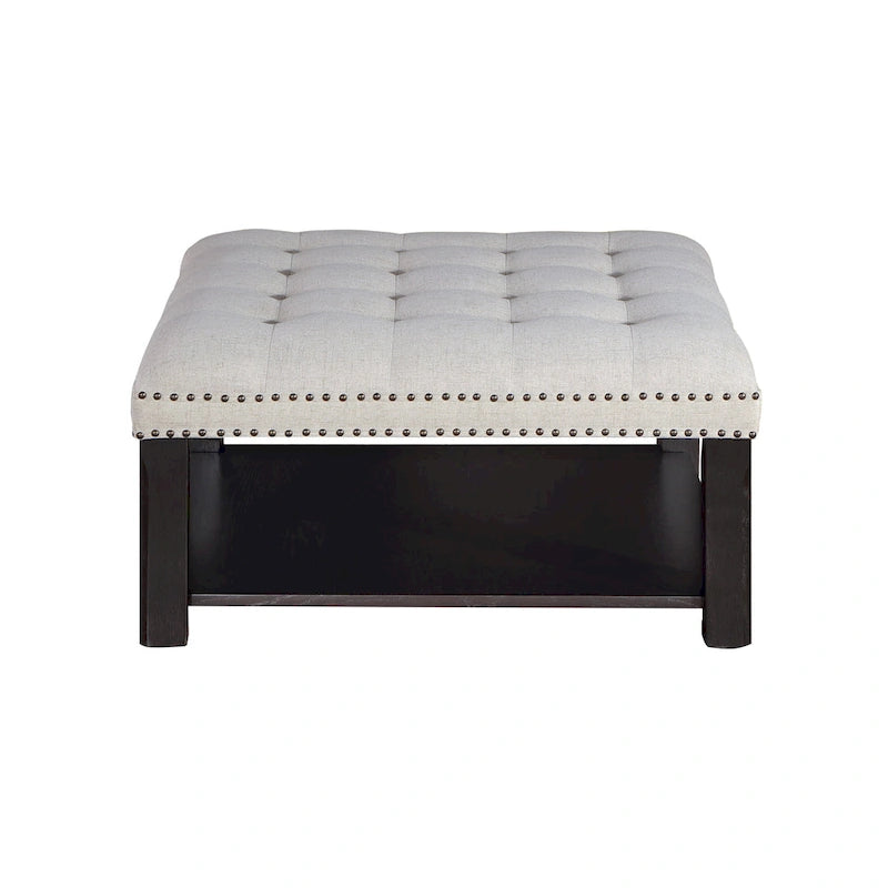 Puf de Almacenamiento Tapizado con Tachuelas de Lino Gris/Beige, 1 Asiento