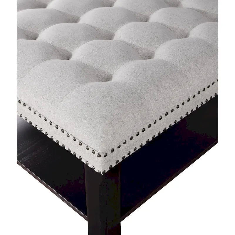 Puf de Almacenamiento Tapizado con Tachuelas de Lino Gris/Beige, 1 Asiento