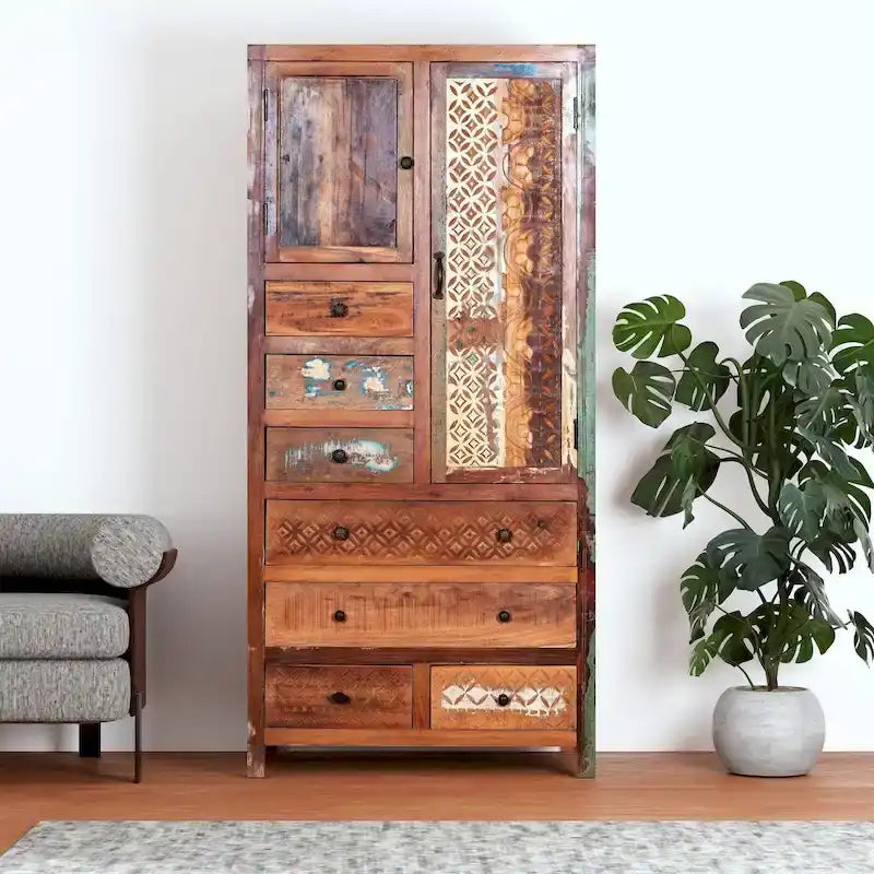 Armario de madera maciza antiguo blanco/marrón con 7 cajones y 2 puertas