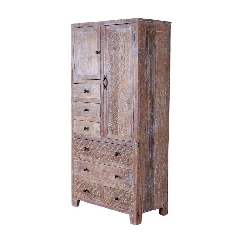 Armario de madera maciza antiguo blanco/marrón con 7 cajones y 2 puertas