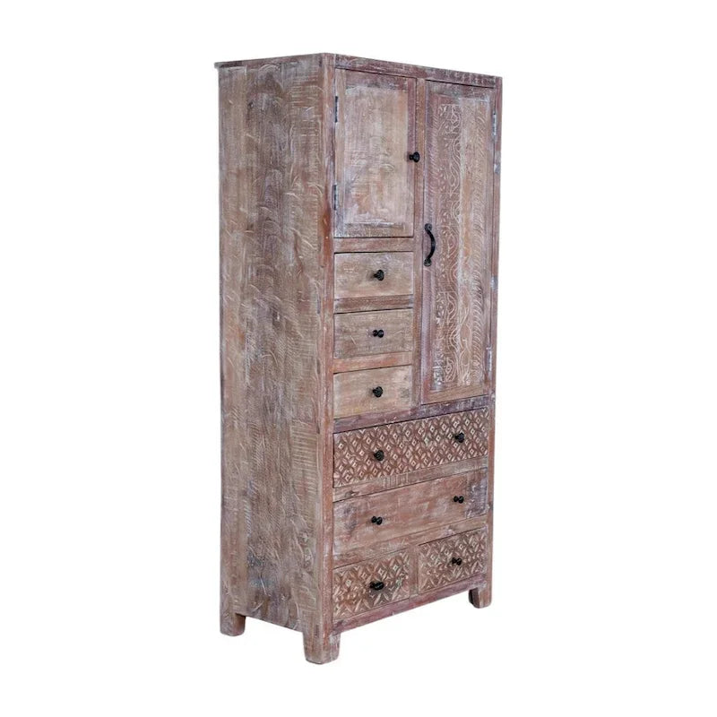 Armario de madera maciza antiguo blanco/marrón con 7 cajones y 2 puertas