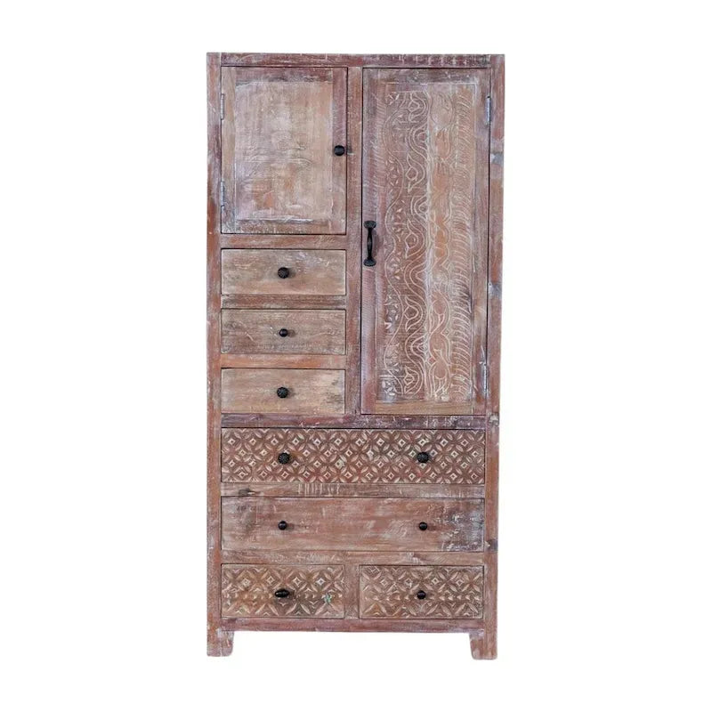 Armario de madera maciza antiguo blanco/marrón con 7 cajones y 2 puertas