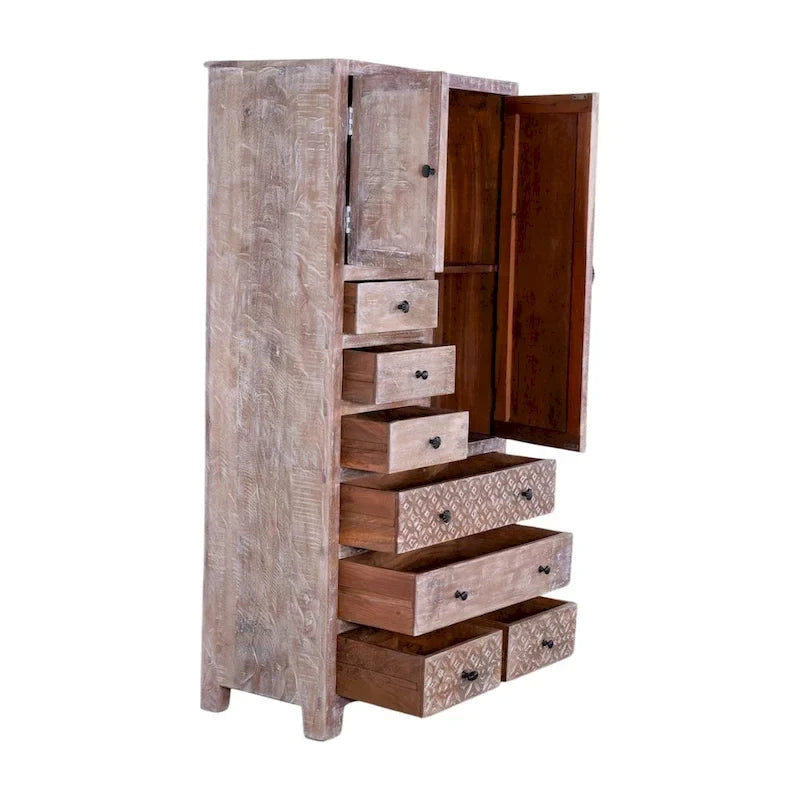 Armario de madera maciza antiguo blanco/marrón con 7 cajones y 2 puertas