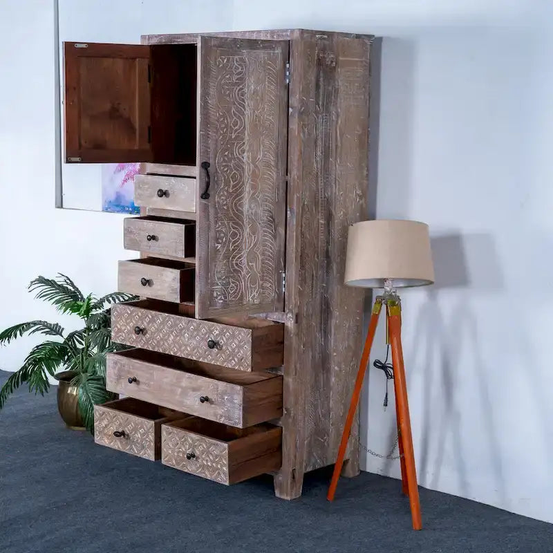Armario de madera maciza antiguo blanco/marrón con 7 cajones y 2 puertas
