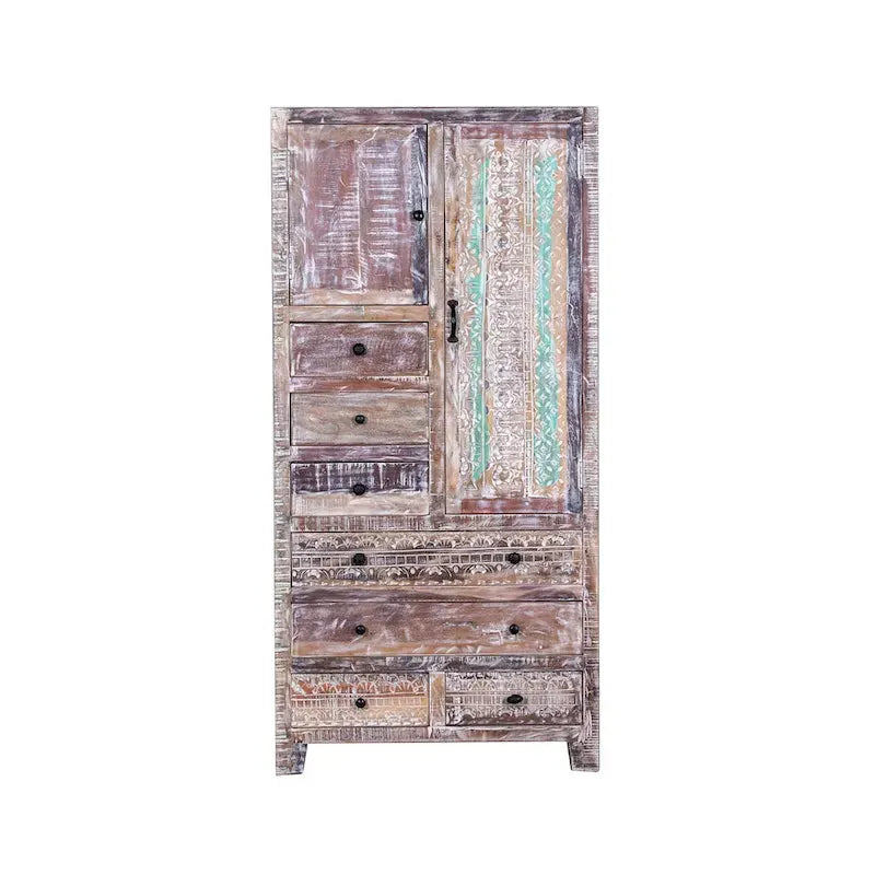 Armario de madera maciza antiguo blanco/marrón con 7 cajones y 2 puertas