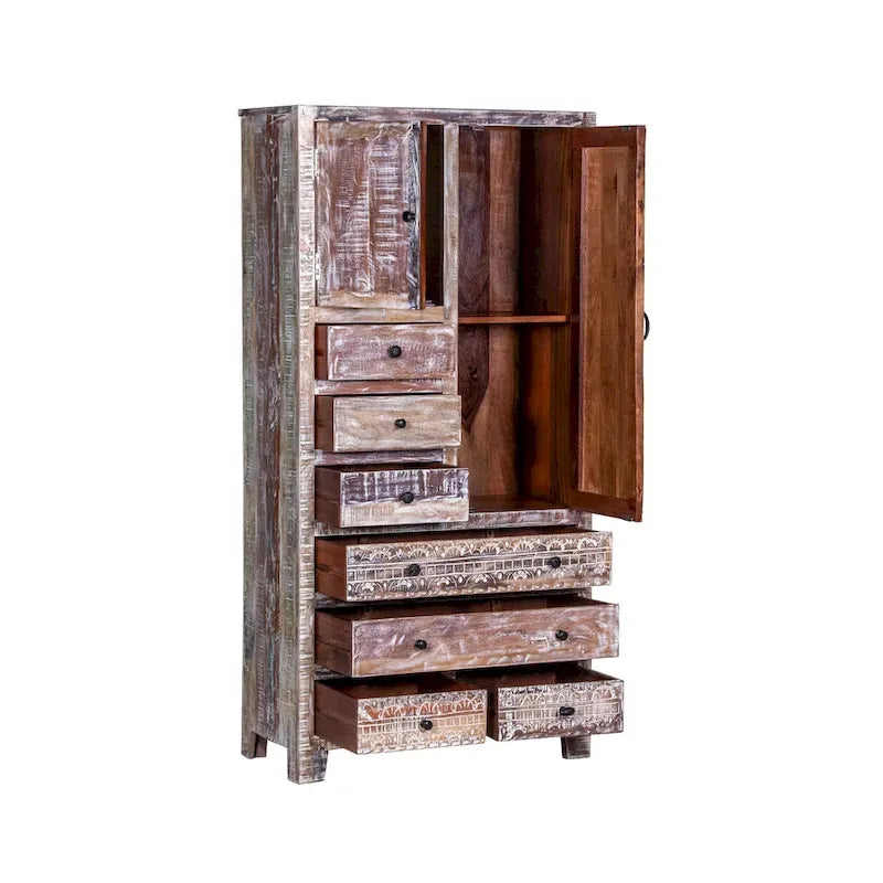 Armario de madera maciza antiguo blanco/marrón con 7 cajones y 2 puertas