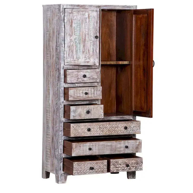 Armario de madera maciza antiguo blanco/marrón con 7 cajones y 2 puertas