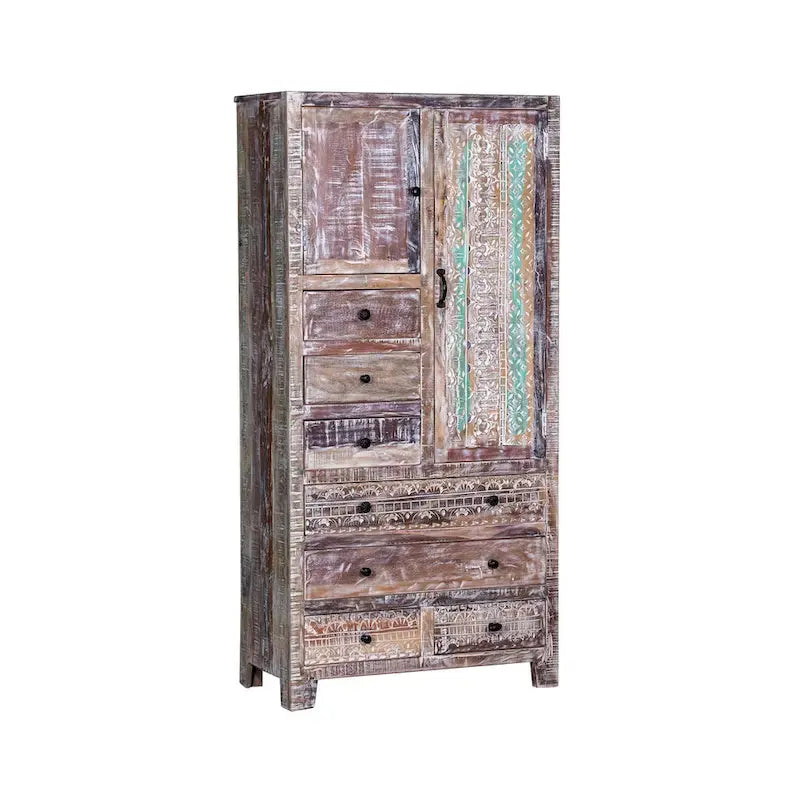 Armario de madera maciza antiguo blanco/marrón con 7 cajones y 2 puertas
