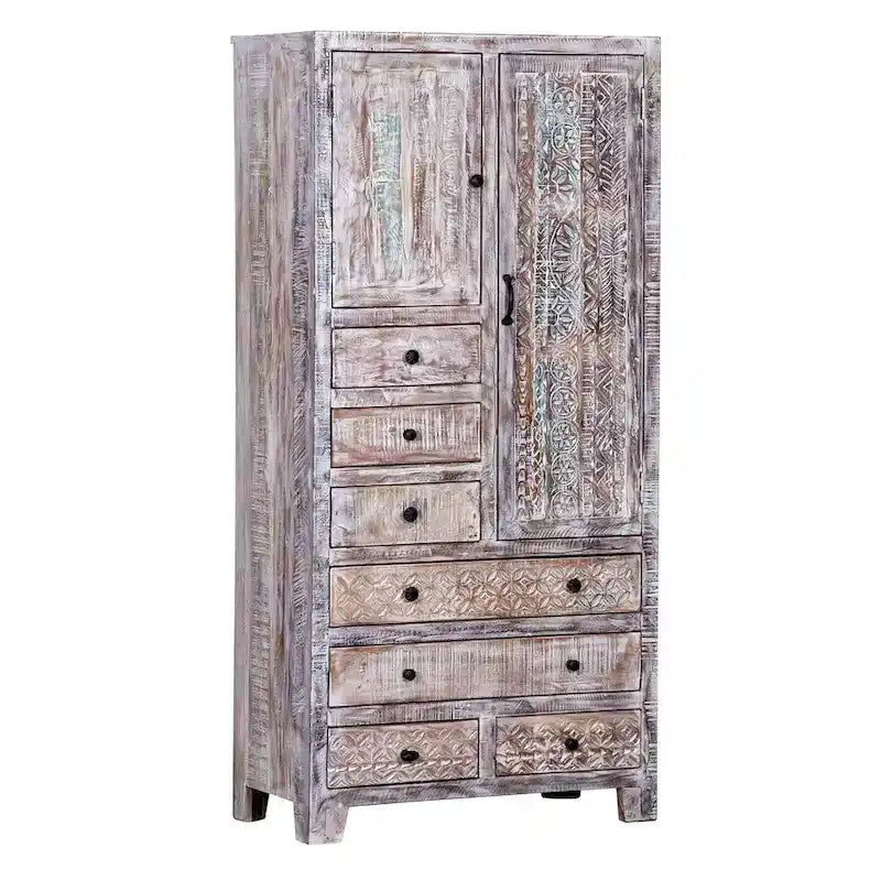 Armario de madera maciza antiguo blanco/marrón con 7 cajones y 2 puertas