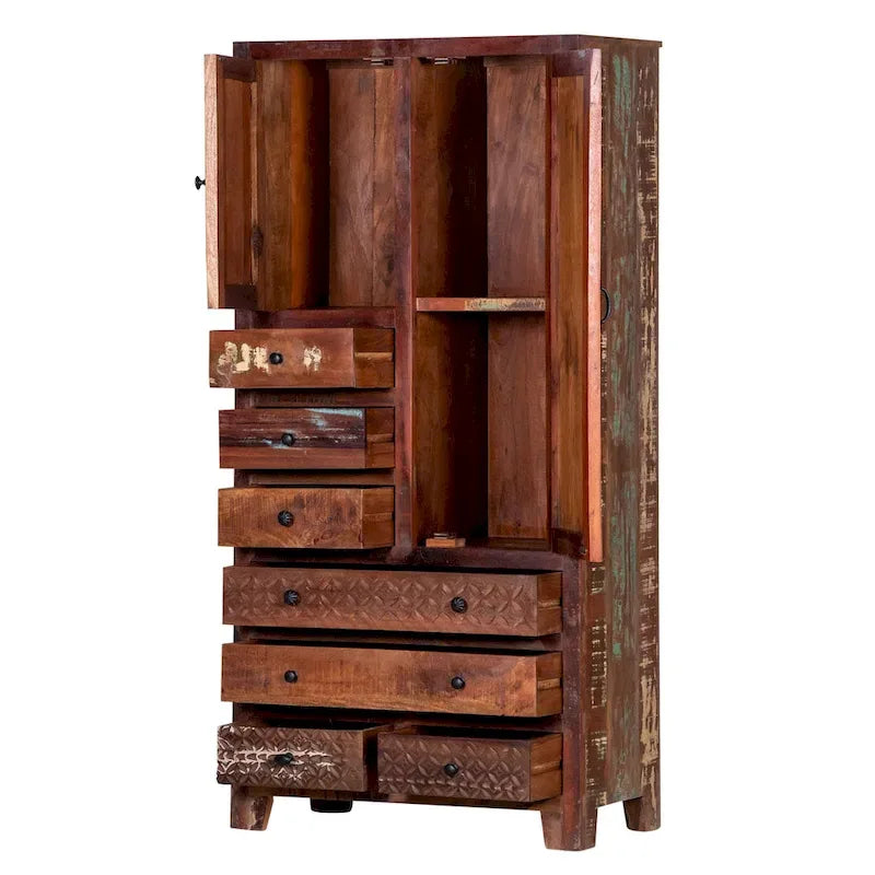 Armario de madera maciza antiguo blanco/marrón con 7 cajones y 2 puertas
