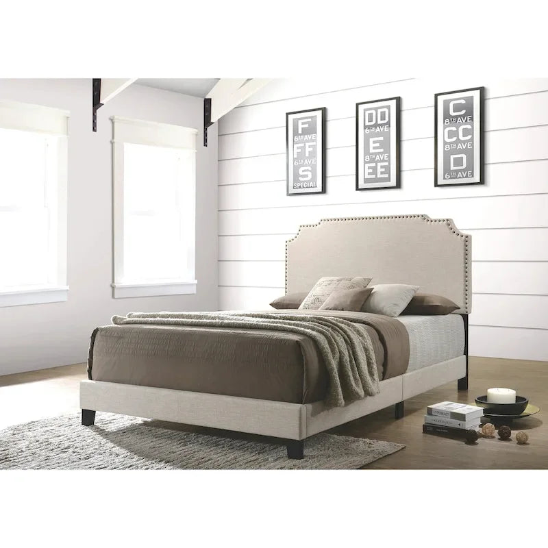 Upholstered Platform Bed – Green / Black / Beige, Nailhead Trim, Full / Queen / King, Fits 1–2