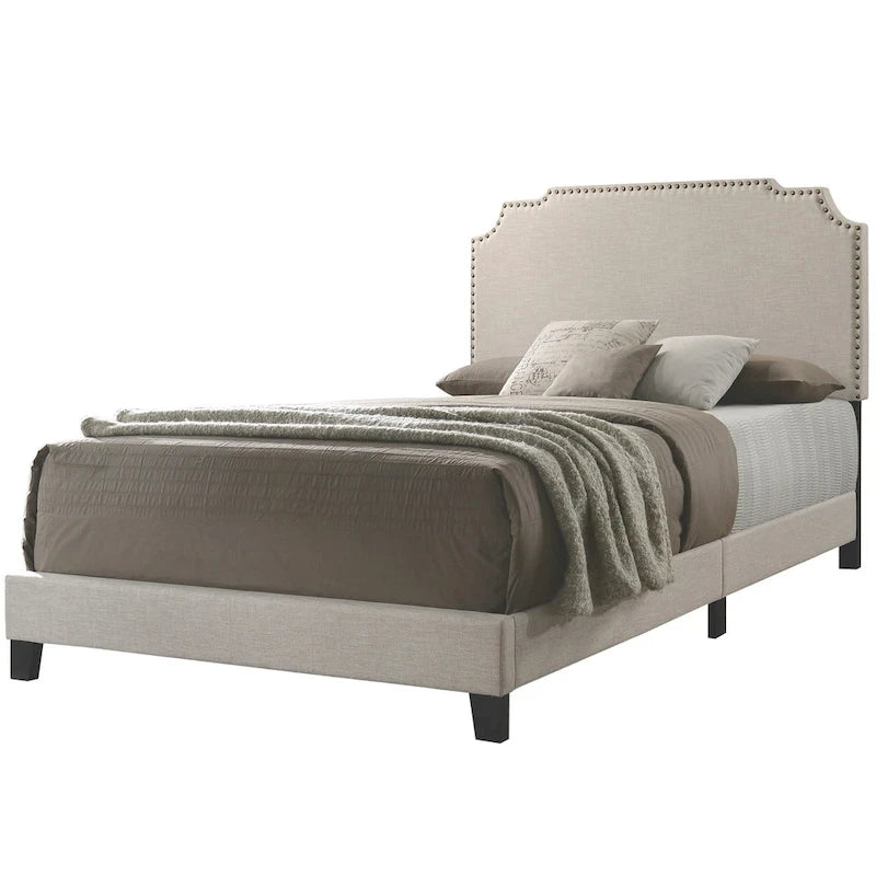 Upholstered Platform Bed – Green / Black / Beige, Nailhead Trim, Full / Queen / King, Fits 1–2