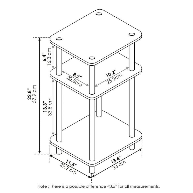 3-Tier End Table, Sonoma Oak/White, No-Tool Assembly, 1-Person