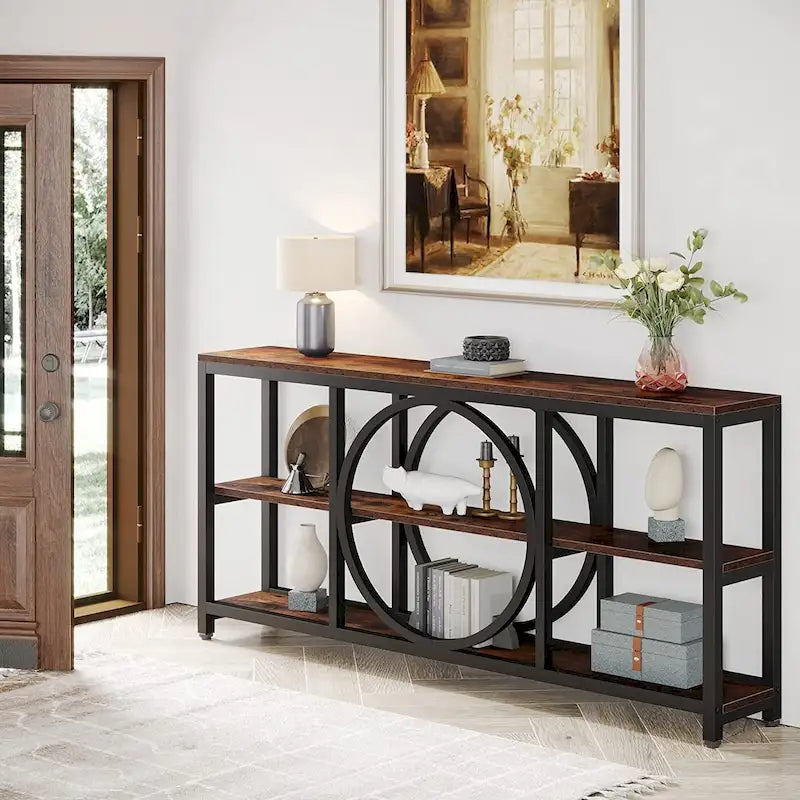 Grey/Brown/Walnut/White 70.9" 3-Tier Console Table, Industrial Style, 1-Person Assembly