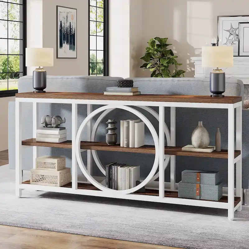 Grey/Brown/Walnut/White 70.9" 3-Tier Console Table, Industrial Style, 1-Person Assembly