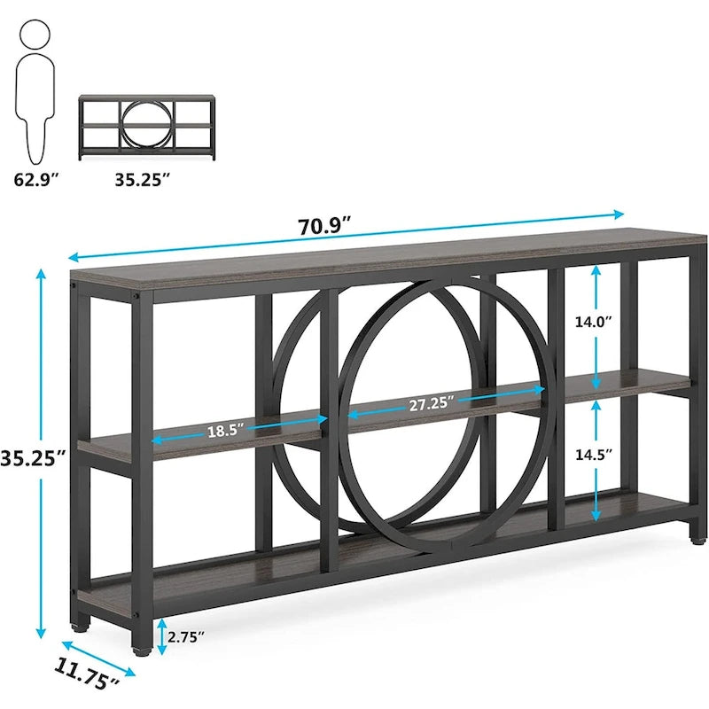 Grey/Brown/Walnut/White 70.9" 3-Tier Console Table, Industrial Style, 1-Person Assembly