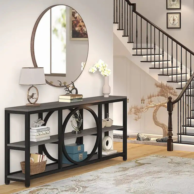 Grey/Brown/Walnut/White 70.9" 3-Tier Console Table, Industrial Style, 1-Person Assembly