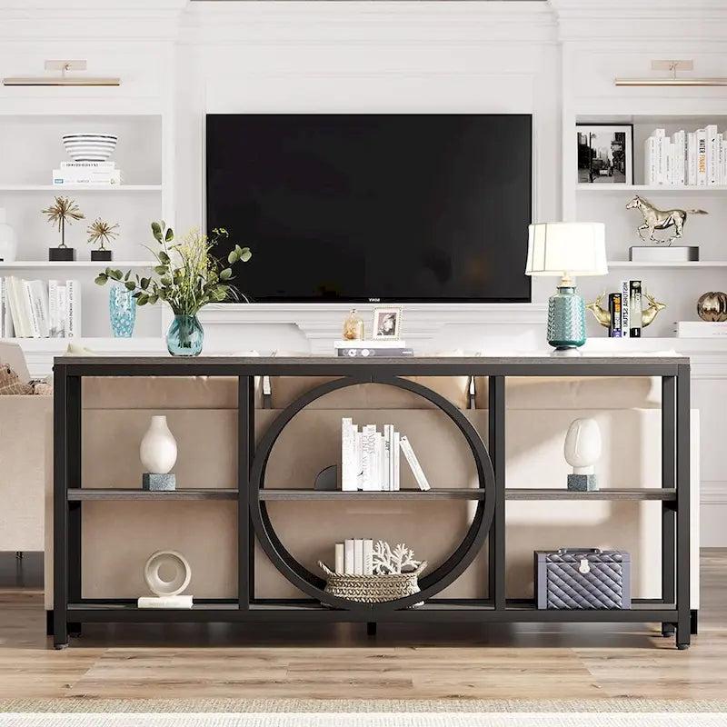 Grey/Brown/Walnut/White 70.9" 3-Tier Console Table, Industrial Style, 1-Person Assembly