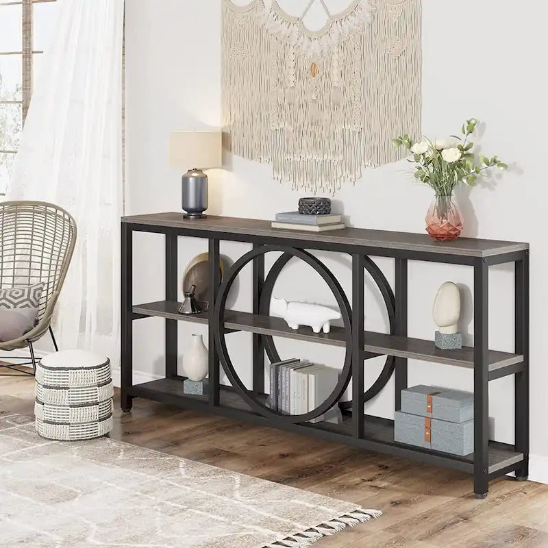 Grey/Brown/Walnut/White 70.9" 3-Tier Console Table, Industrial Style, 1-Person Assembly
