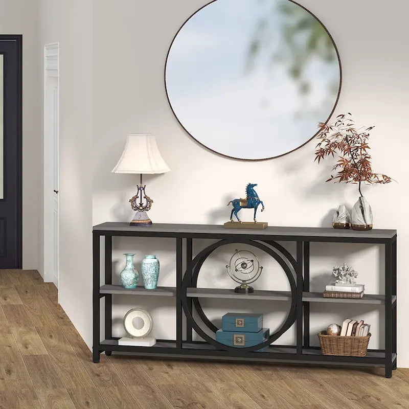 Grey/Brown/Walnut/White 70.9" 3-Tier Console Table, Industrial Style, 1-Person Assembly