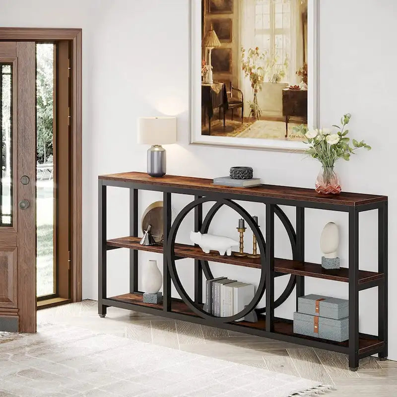 Grey/Brown/Walnut/White 70.9" 3-Tier Console Table, Industrial Style, 1-Person Assembly