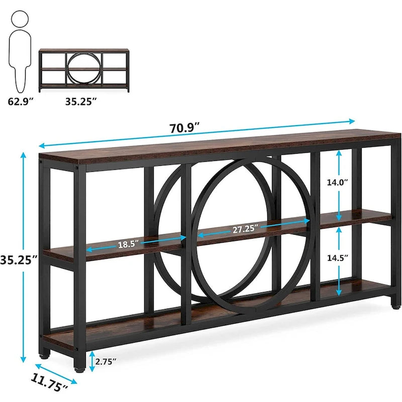 Grey/Brown/Walnut/White 70.9" 3-Tier Console Table, Industrial Style, 1-Person Assembly