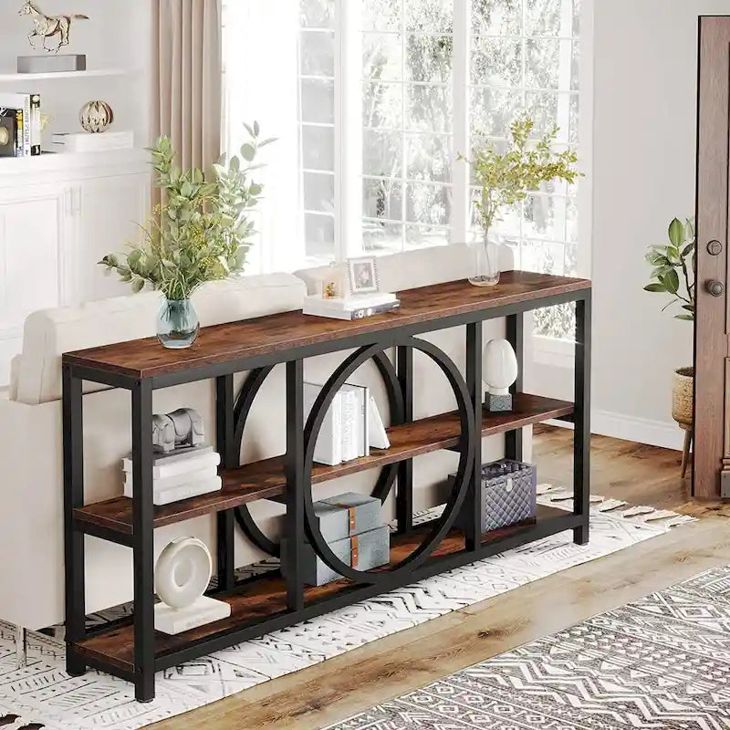 Grey/Brown/Walnut/White 70.9" 3-Tier Console Table, Industrial Style, 1-Person Assembly
